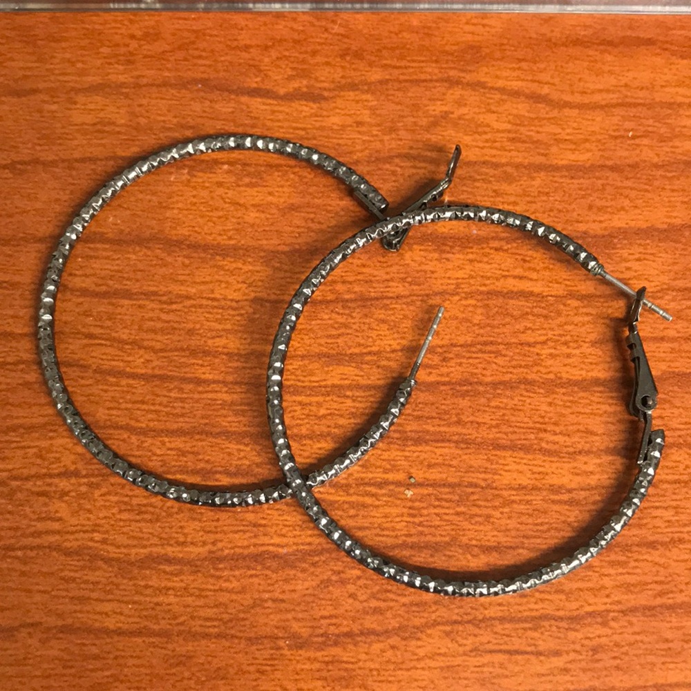 Vintage Dark Gray w Gold Tint Hoop Earrings